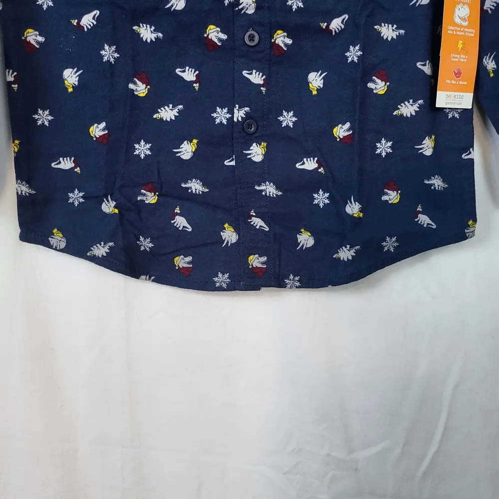 365 Kids Garanimals Boys Navy Dinosaur Pattern Long Sleeve Button Shirt Sz 7 New